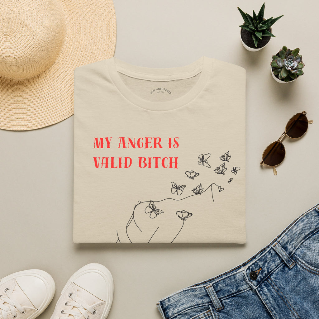 T‑Shirt — "My Anger Is Valid Bitch" Feminist Graphic Tee, Minimal Floral Butterflies