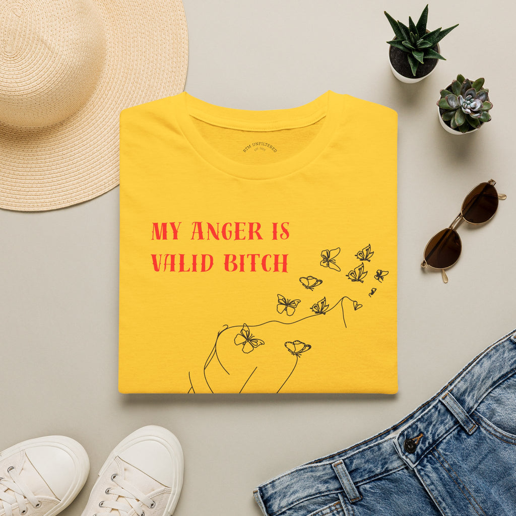 T‑Shirt — "My Anger Is Valid Bitch" Feminist Graphic Tee, Minimal Floral Butterflies