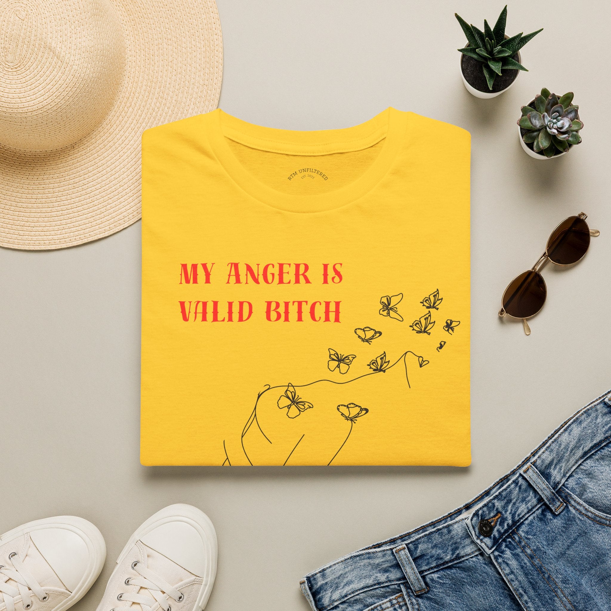T‑Shirt — "My Anger Is Valid Bitch" Feminist Graphic Tee, Minimal Floral Butterflies