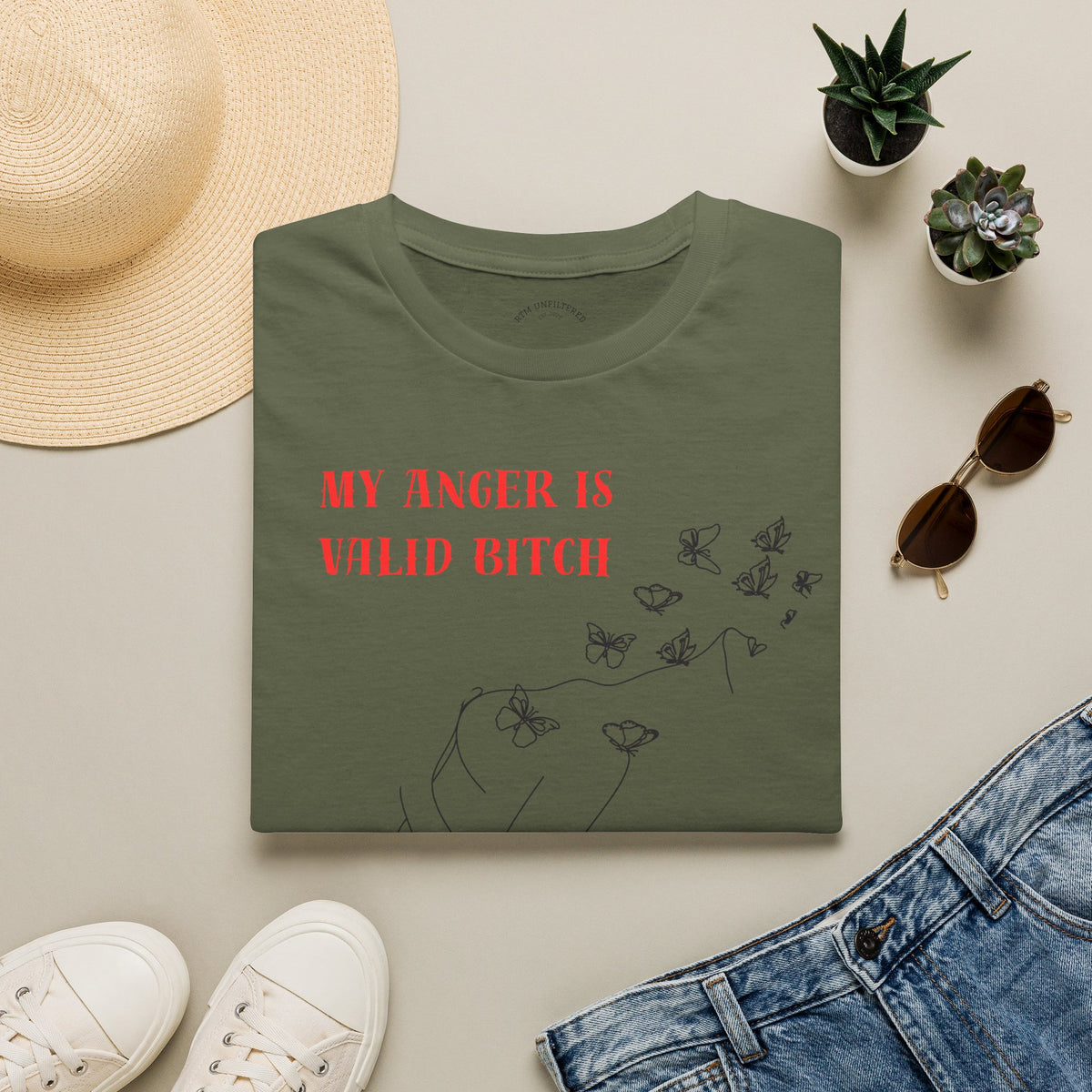 T‑Shirt — "My Anger Is Valid Bitch" Feminist Graphic Tee, Minimal Floral Butterflies