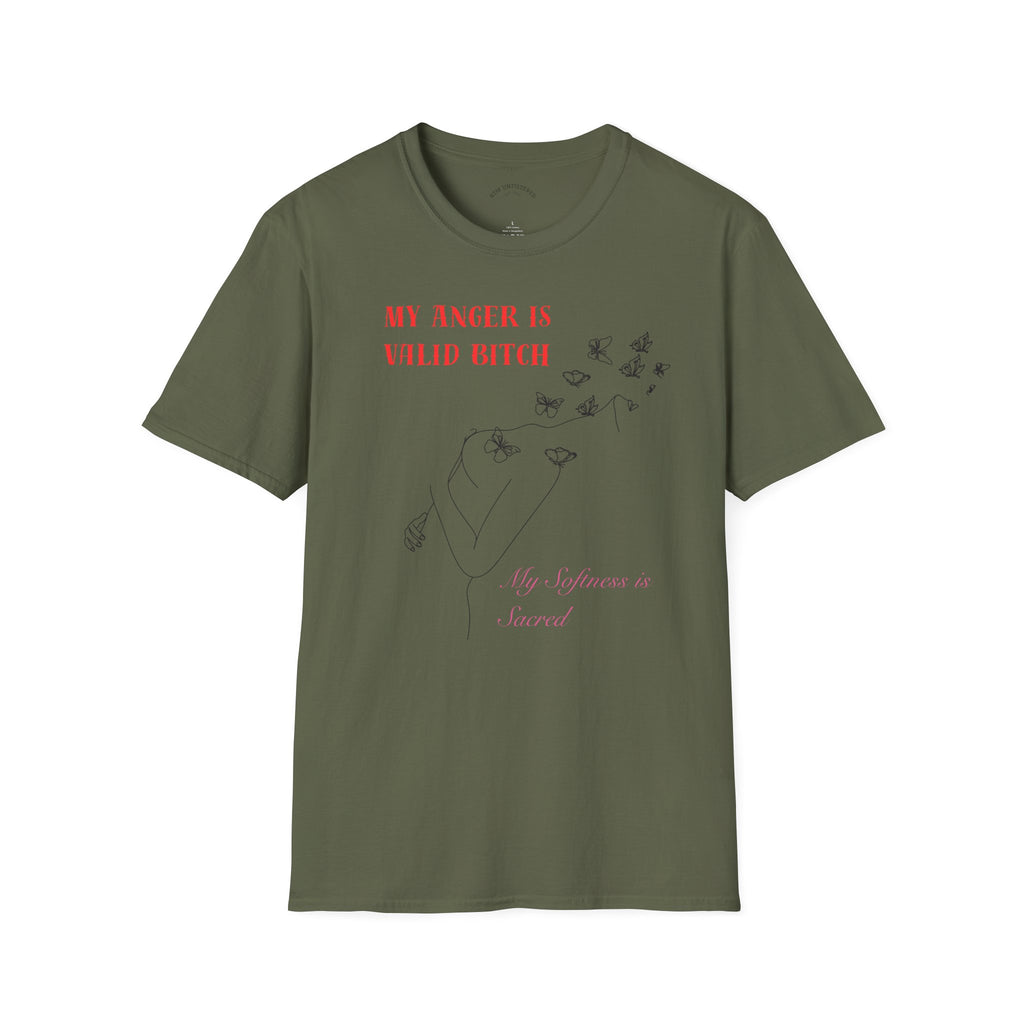 T‑Shirt — "My Anger Is Valid Bitch" Feminist Graphic Tee, Minimal Floral Butterflies