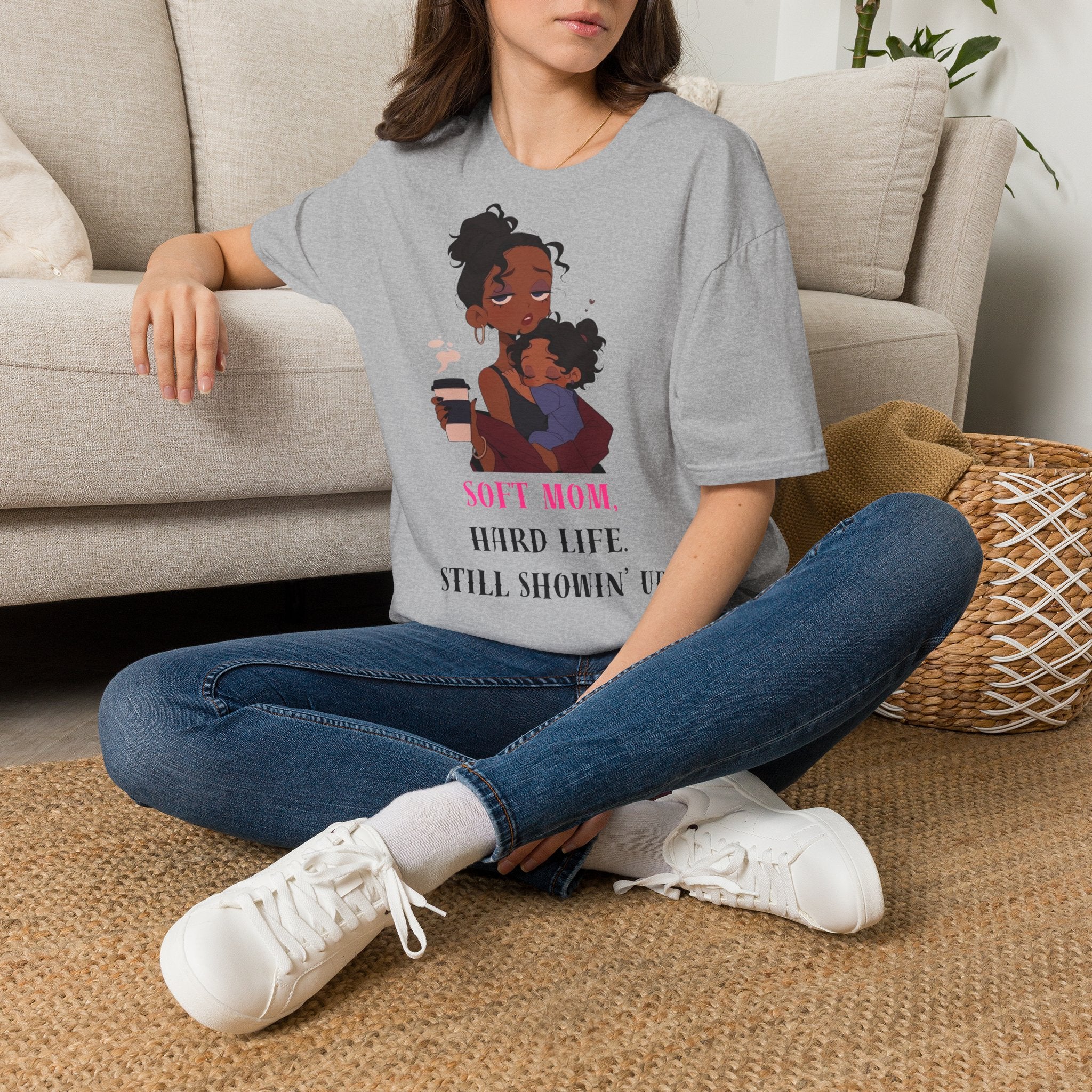 Mom and Child T-Shirt — “Soft Mom Hard Life Still Showin’ Up” Cozy Graphic Tee