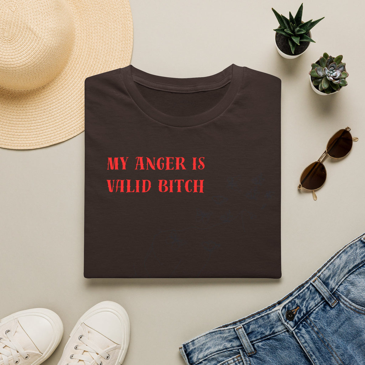 T‑Shirt — "My Anger Is Valid Bitch" Feminist Graphic Tee, Minimal Floral Butterflies