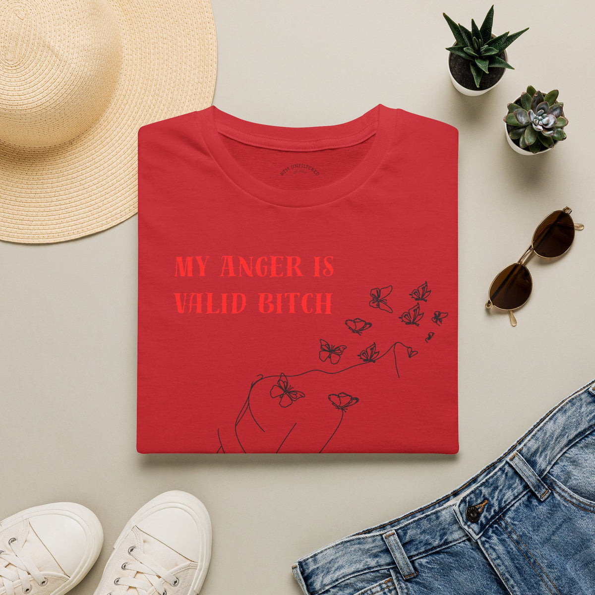 T‑Shirt — "My Anger Is Valid Bitch" Feminist Graphic Tee, Minimal Floral Butterflies