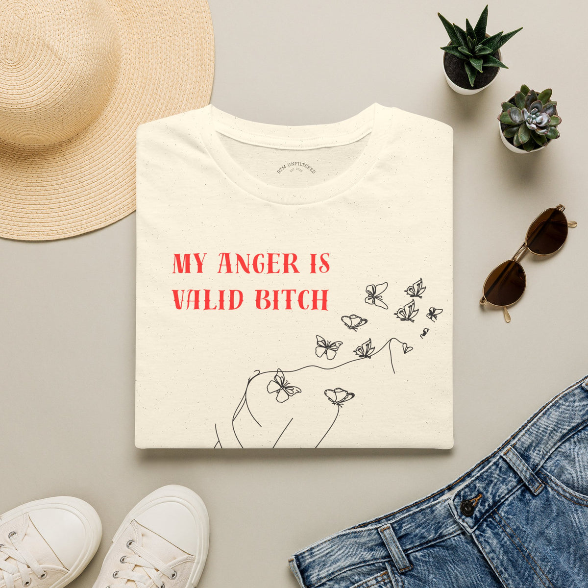 T‑Shirt — "My Anger Is Valid Bitch" Feminist Graphic Tee, Minimal Floral Butterflies