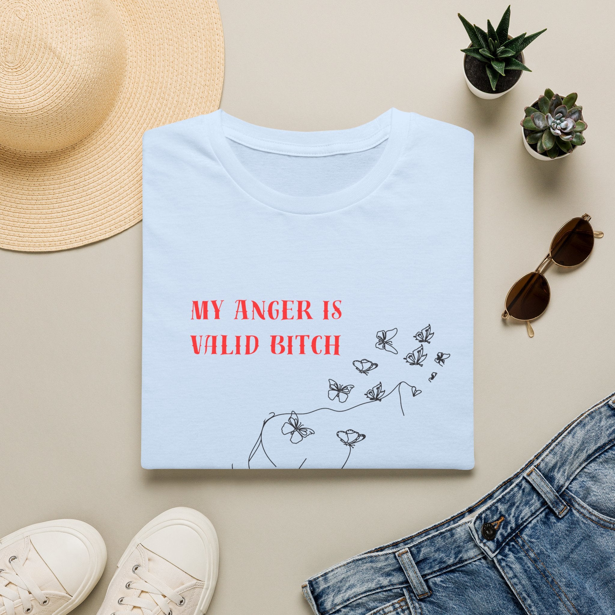 T‑Shirt — "My Anger Is Valid Bitch" Feminist Graphic Tee, Minimal Floral Butterflies