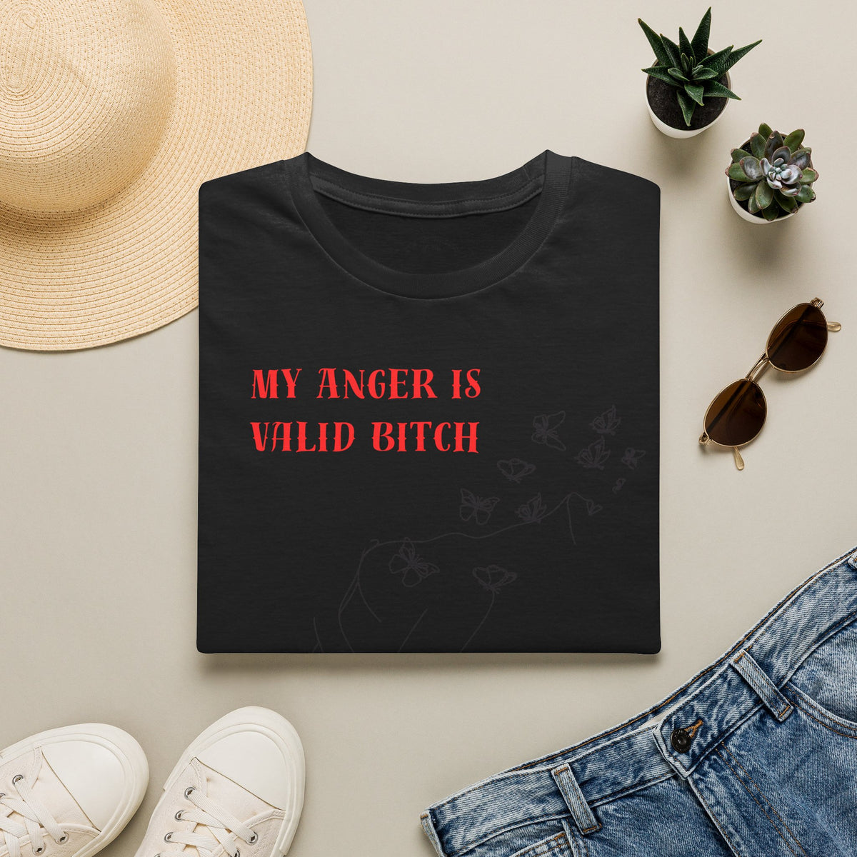 T‑Shirt — "My Anger Is Valid Bitch" Feminist Graphic Tee, Minimal Floral Butterflies