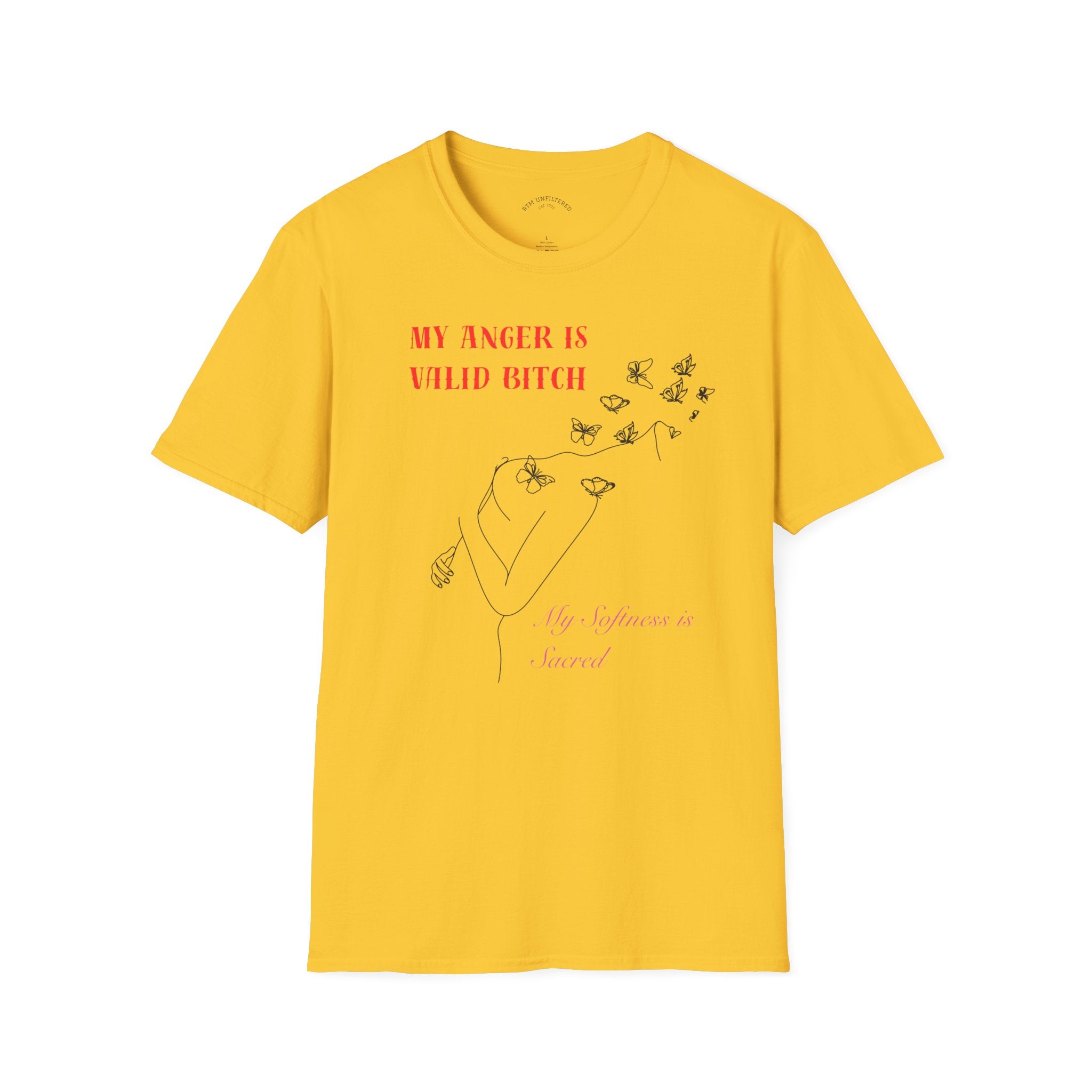 T‑Shirt — "My Anger Is Valid Bitch" Feminist Graphic Tee, Minimal Floral Butterflies