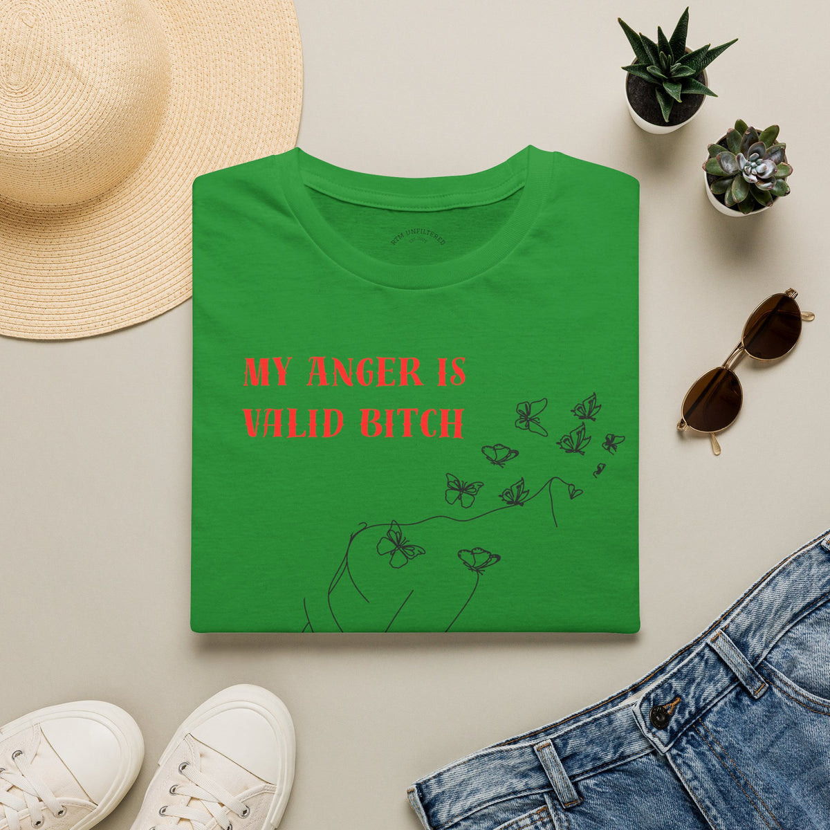 T‑Shirt — "My Anger Is Valid Bitch" Feminist Graphic Tee, Minimal Floral Butterflies