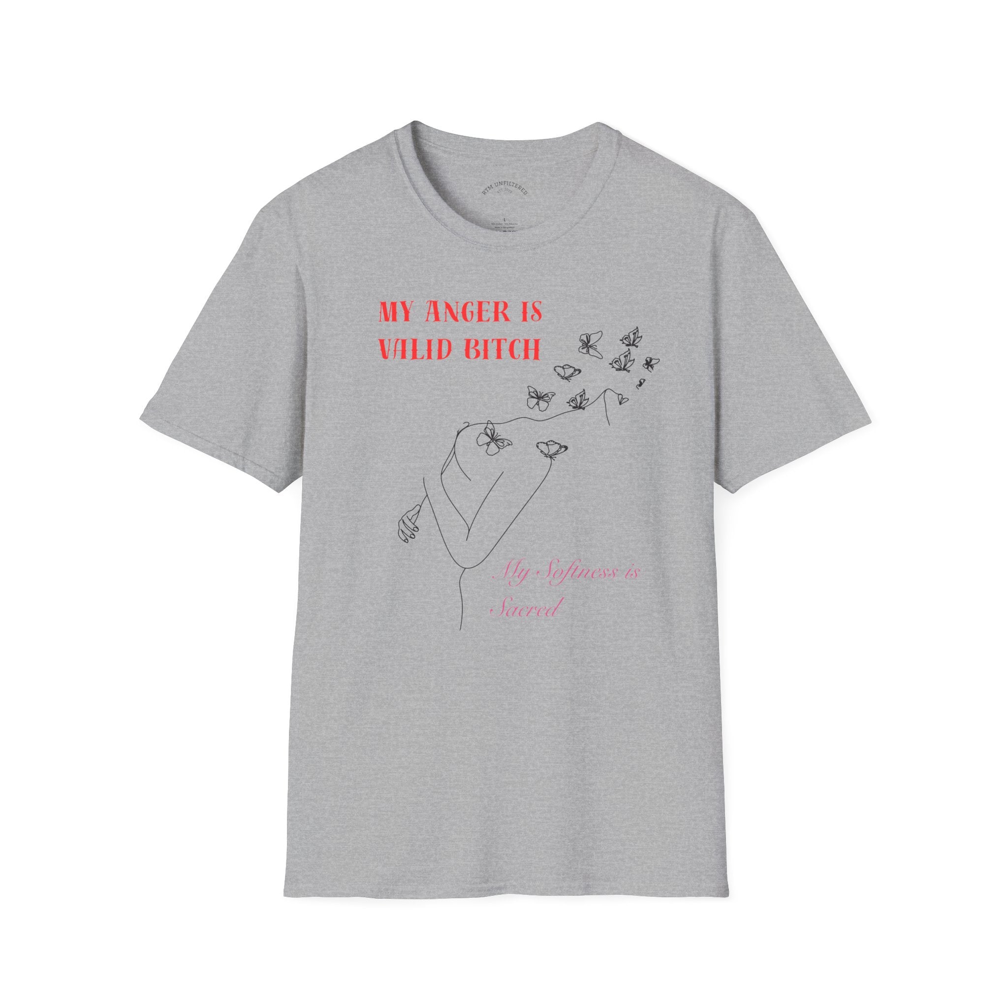 T‑Shirt — "My Anger Is Valid Bitch" Feminist Graphic Tee, Minimal Floral Butterflies