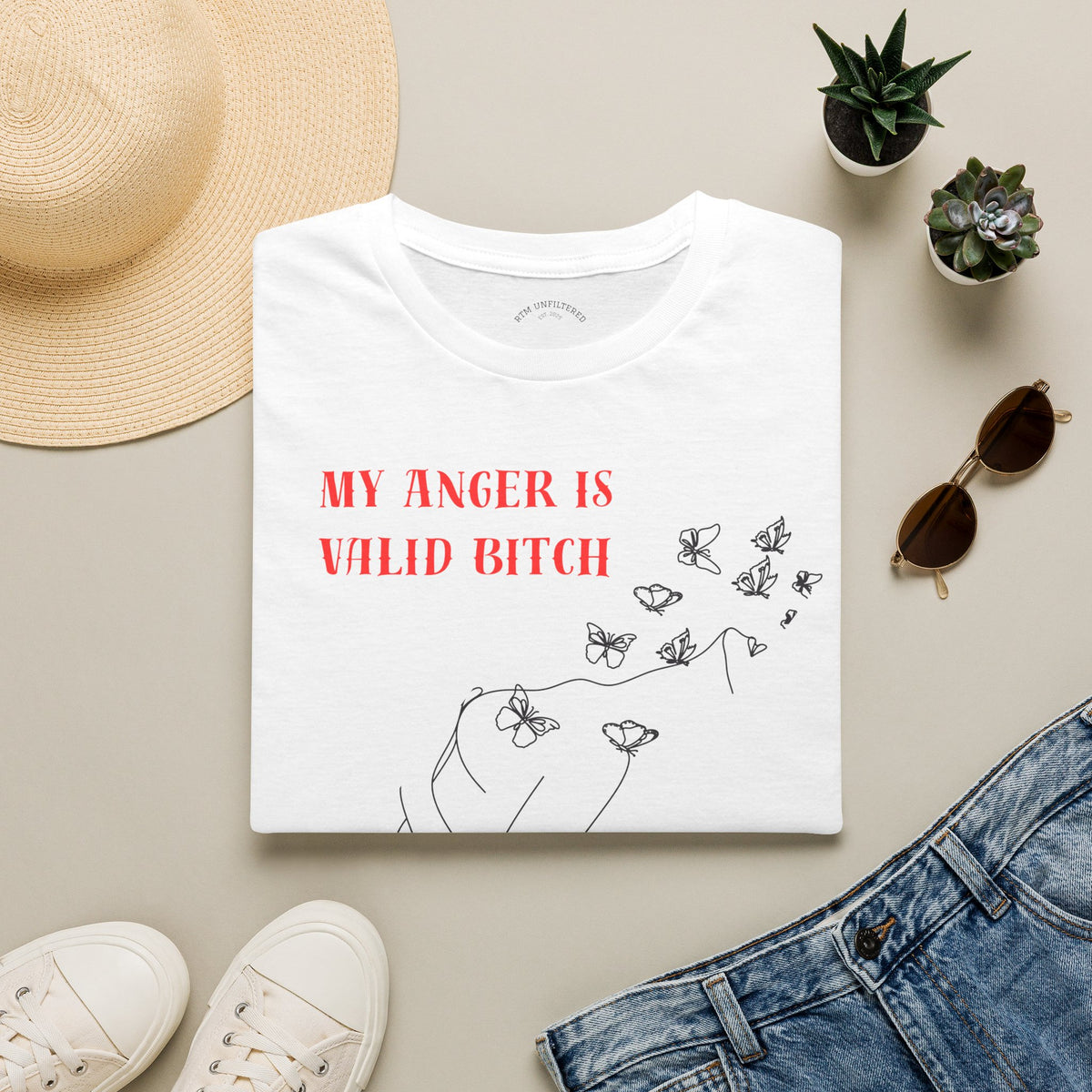 T‑Shirt — "My Anger Is Valid Bitch" Feminist Graphic Tee, Minimal Floral Butterflies