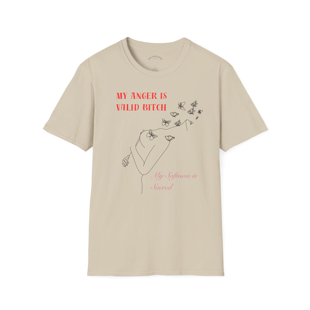 T‑Shirt — "My Anger Is Valid Bitch" Feminist Graphic Tee, Minimal Floral Butterflies