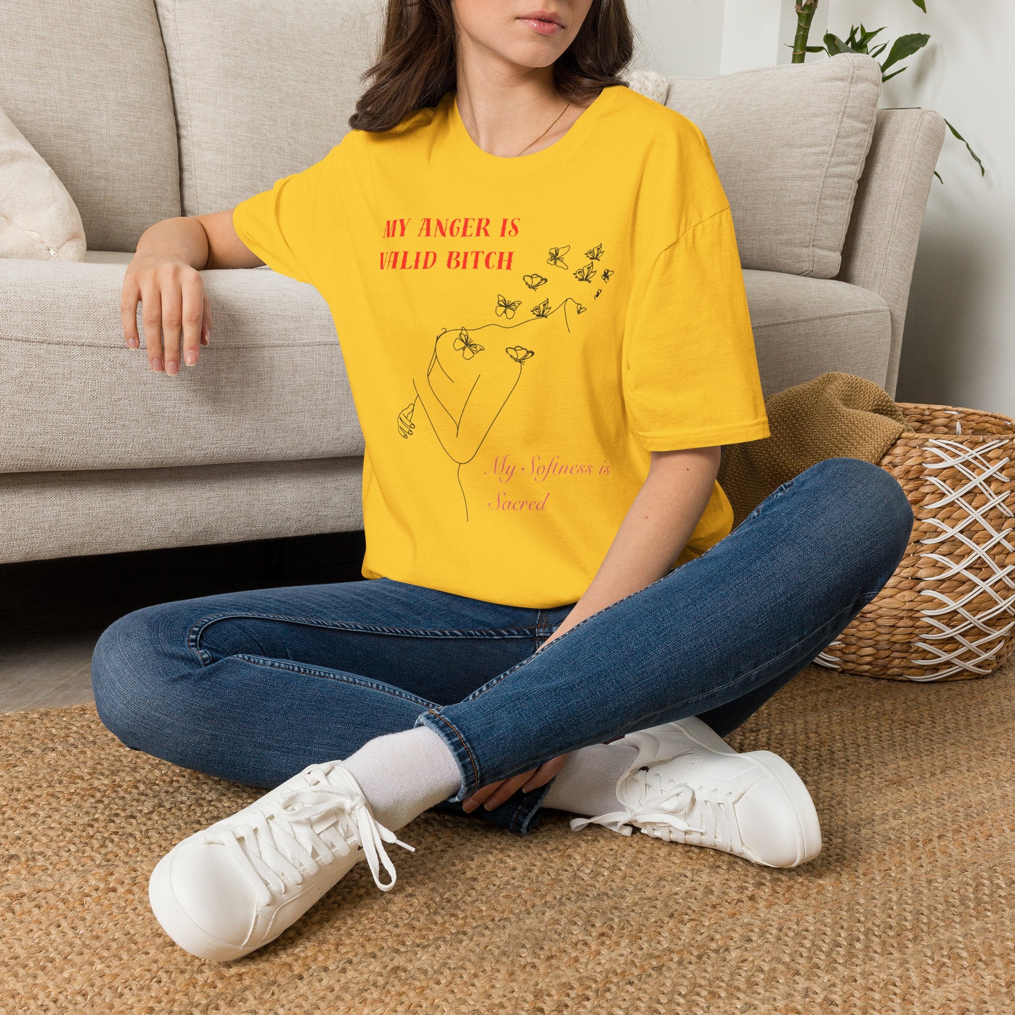 T‑Shirt — "My Anger Is Valid Bitch" Feminist Graphic Tee, Minimal Floral Butterflies