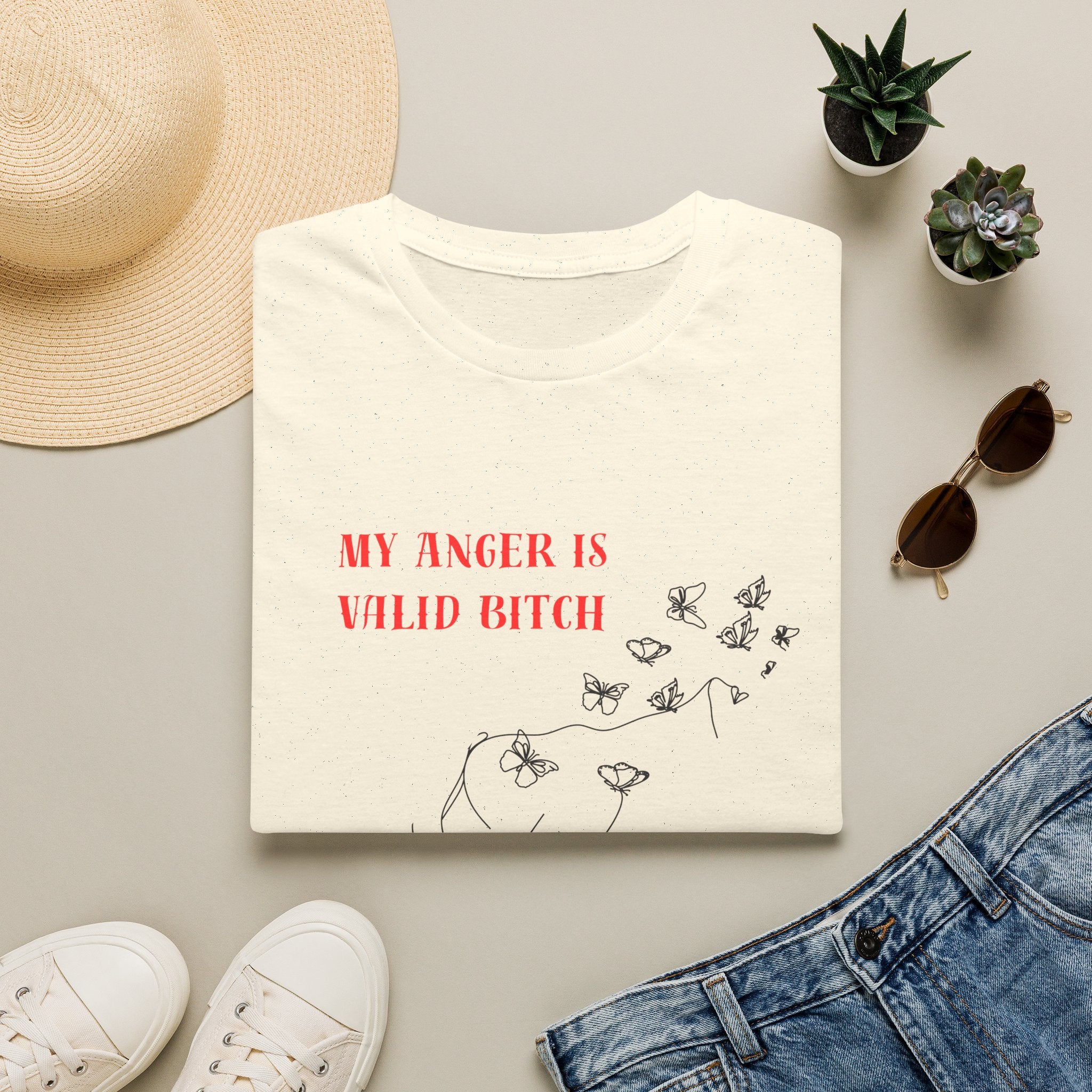T‑Shirt — "My Anger Is Valid Bitch" Feminist Graphic Tee, Minimal Floral Butterflies