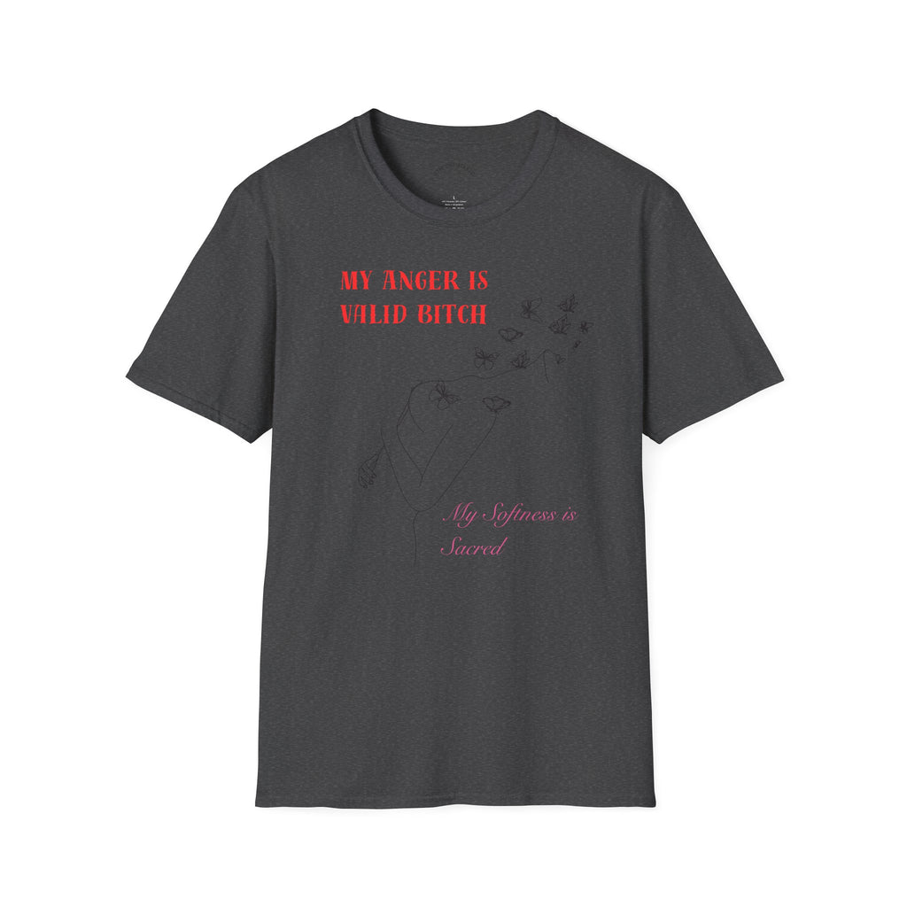 T‑Shirt — "My Anger Is Valid Bitch" Feminist Graphic Tee, Minimal Floral Butterflies