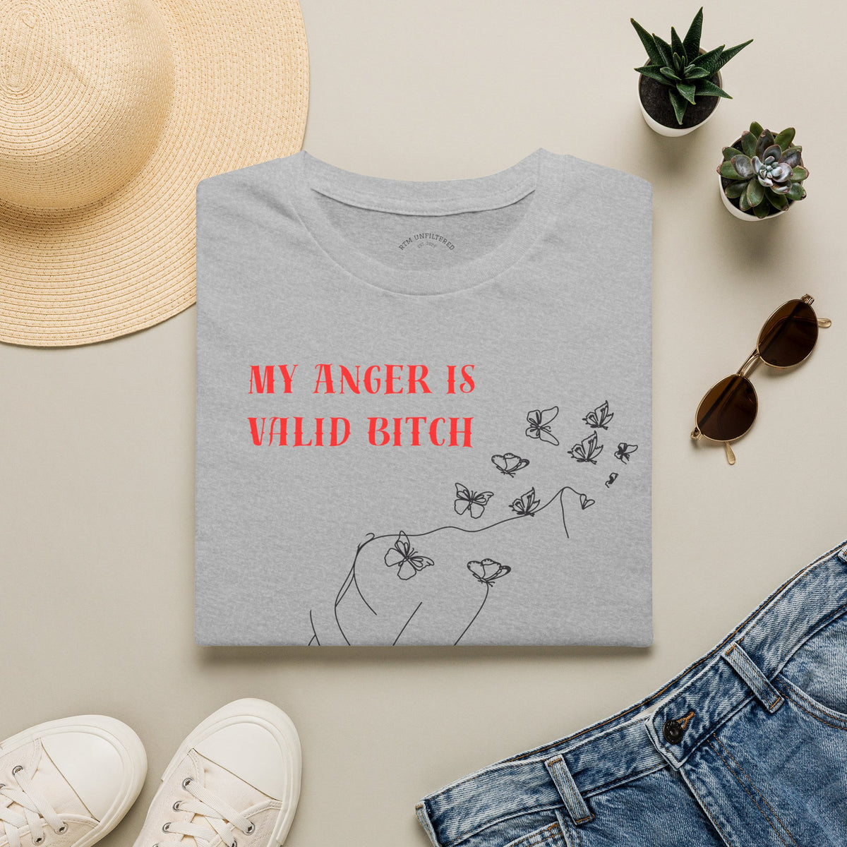 T‑Shirt — "My Anger Is Valid Bitch" Feminist Graphic Tee, Minimal Floral Butterflies