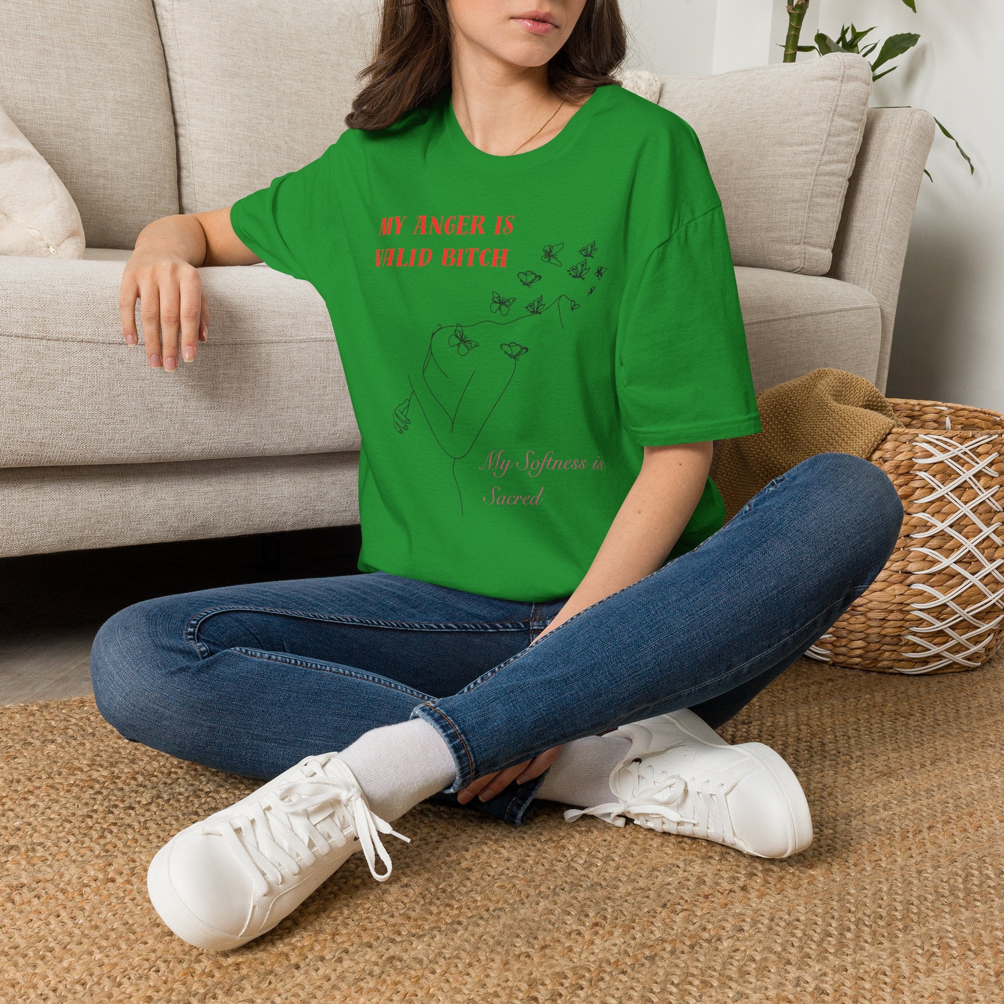 T‑Shirt — "My Anger Is Valid Bitch" Feminist Graphic Tee, Minimal Floral Butterflies