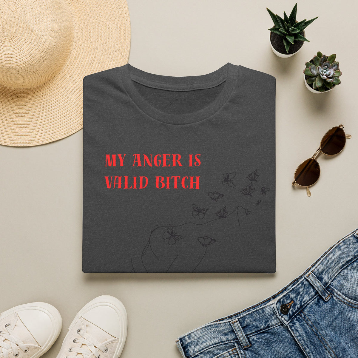 T‑Shirt — "My Anger Is Valid Bitch" Feminist Graphic Tee, Minimal Floral Butterflies