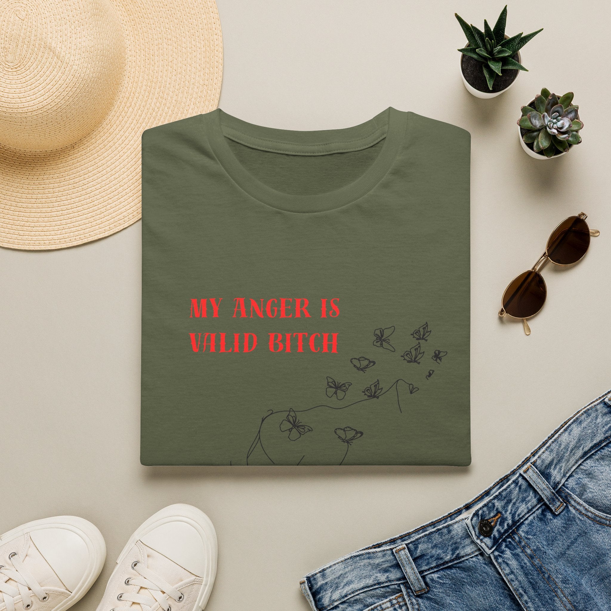 T‑Shirt — "My Anger Is Valid Bitch" Feminist Graphic Tee, Minimal Floral Butterflies