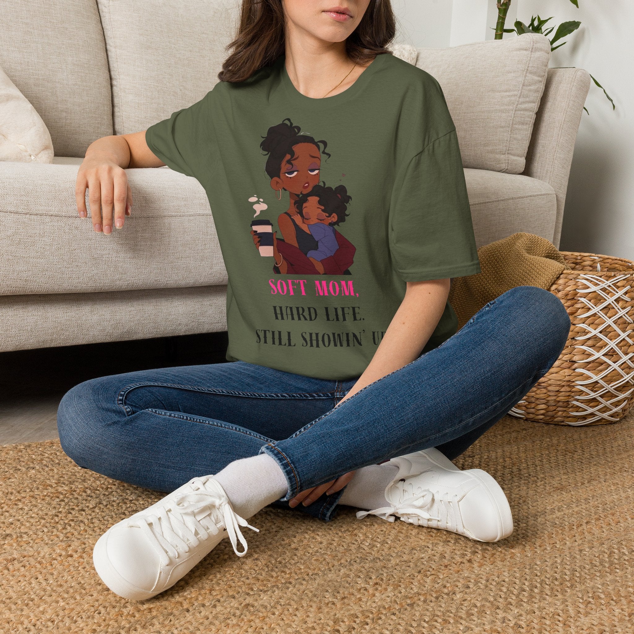 Mom and Child T-Shirt — “Soft Mom Hard Life Still Showin’ Up” Cozy Graphic Tee