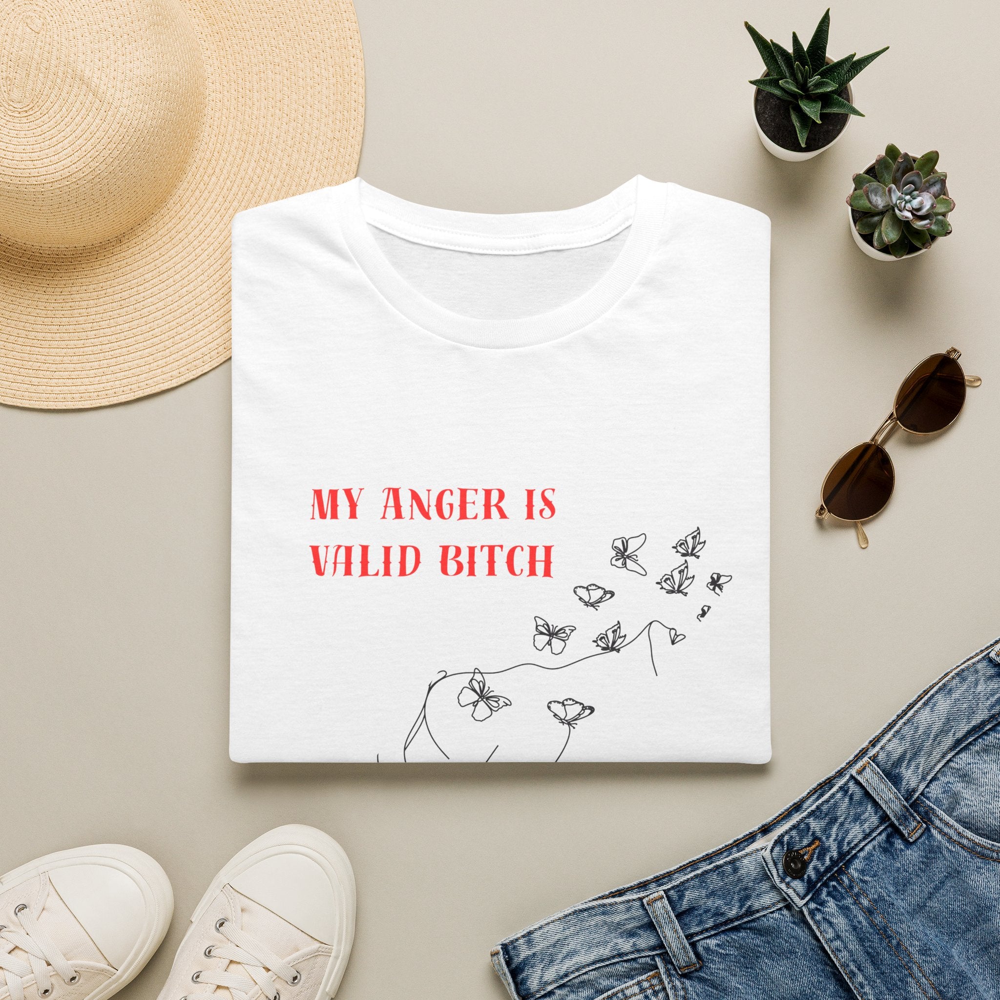 T‑Shirt — "My Anger Is Valid Bitch" Feminist Graphic Tee, Minimal Floral Butterflies